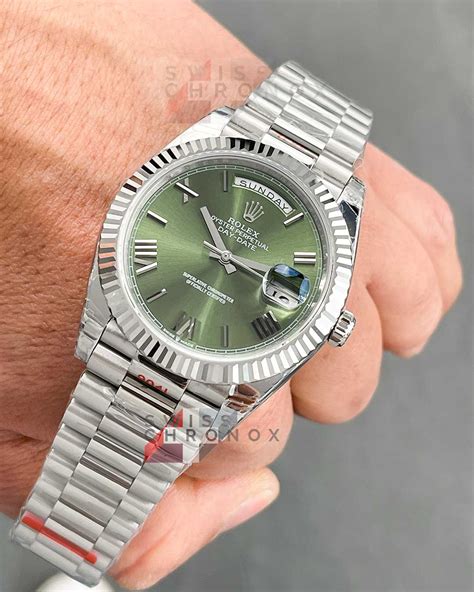 white gold rolex green dial|Rolex green dial day date.